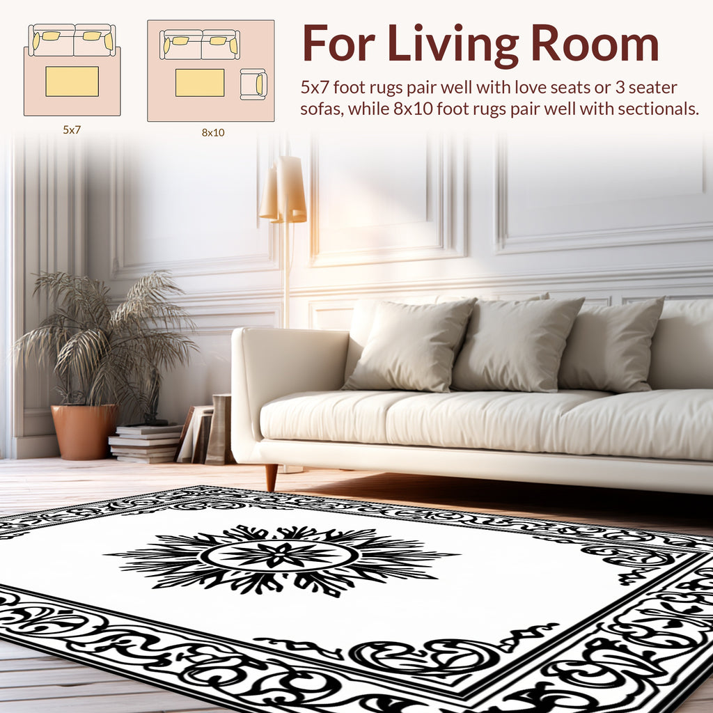 Ornate Black White Medallion Border Rug