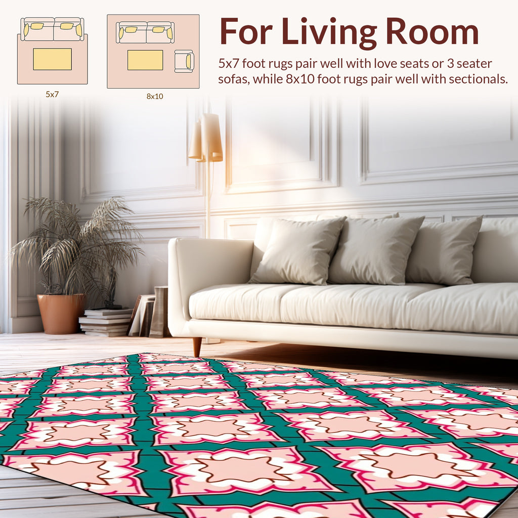 Teal Pink Ornate Diamond Pattern Rug