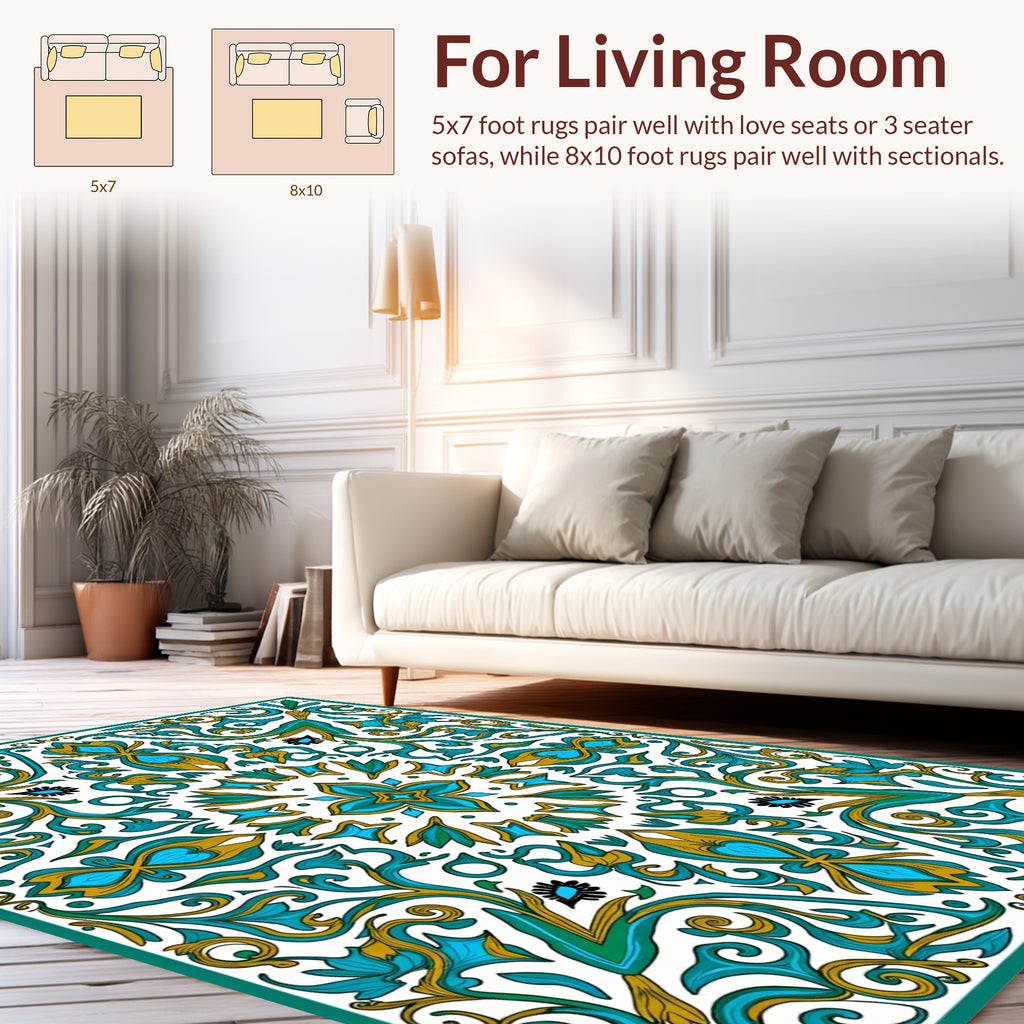 Emerald And Gold Flourish Design Rug