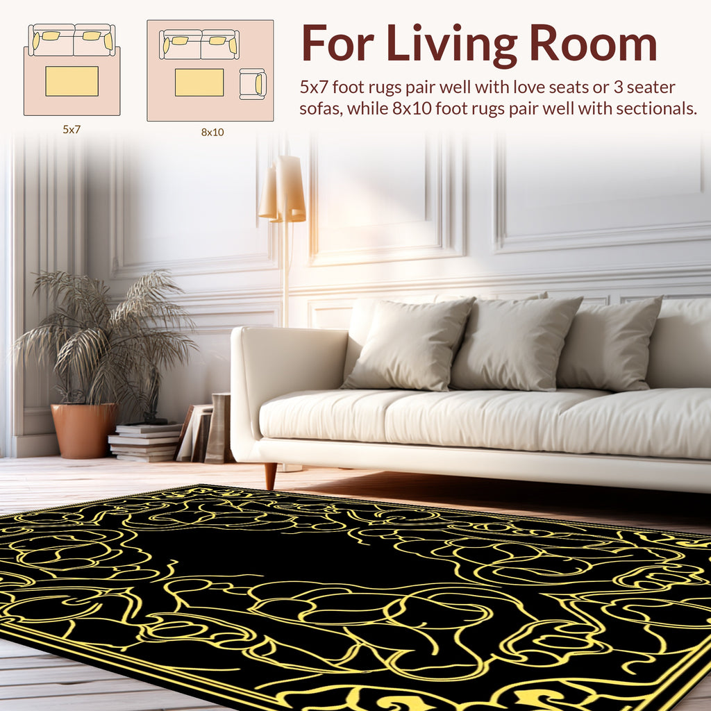 Golden Art Nouveau Floral Scroll Rug
