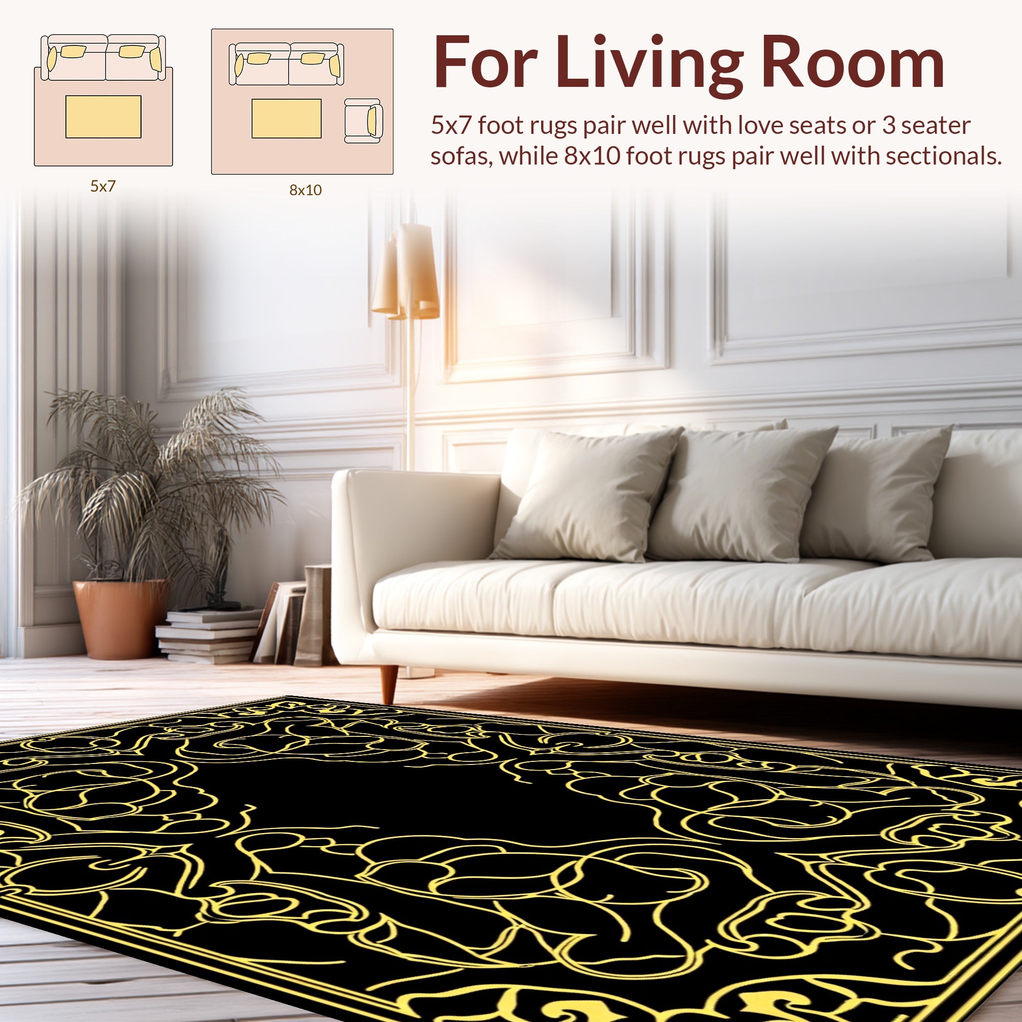 Golden Art Nouveau Floral Scroll Rug
