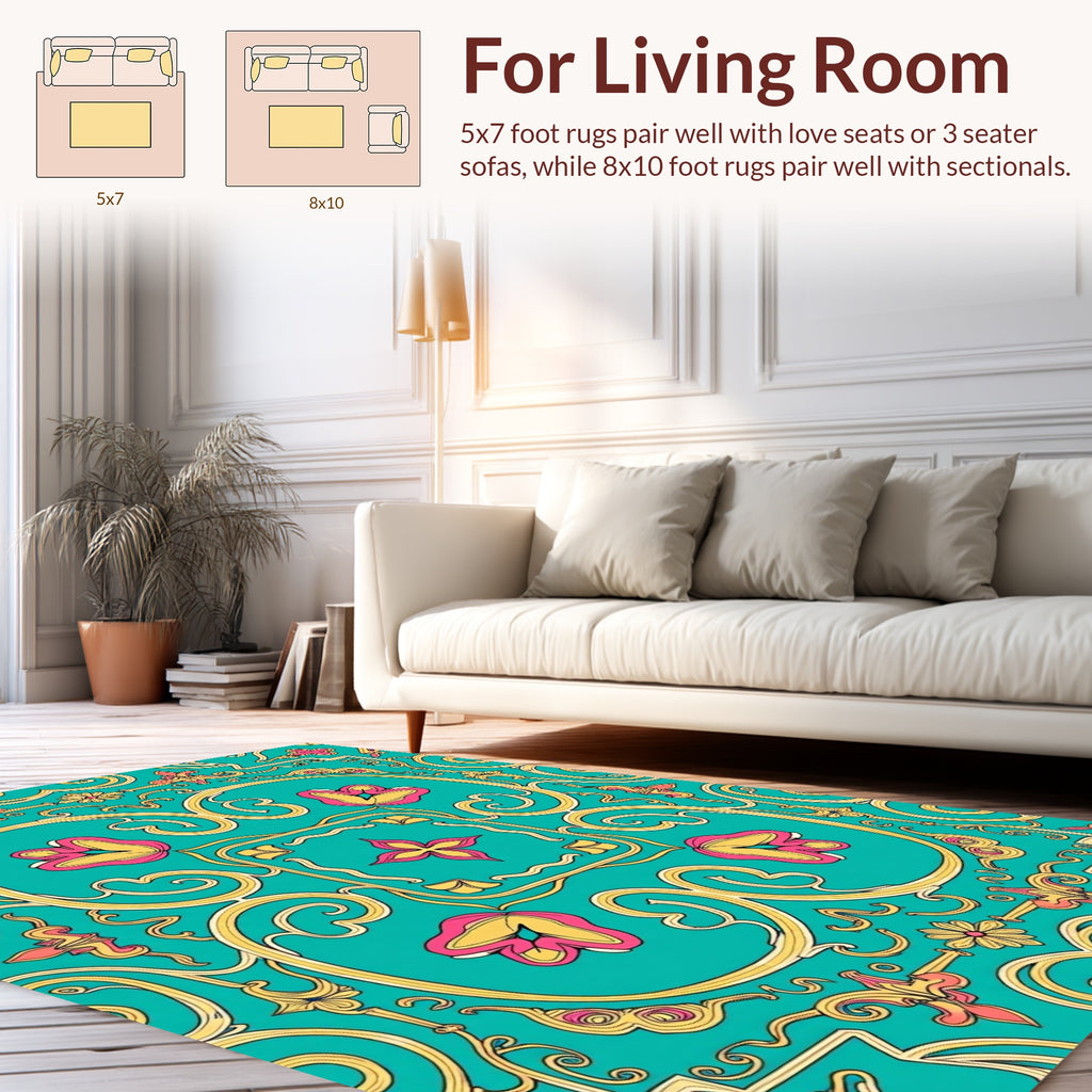 Ornate Teal Floral Scroll Pattern Rug