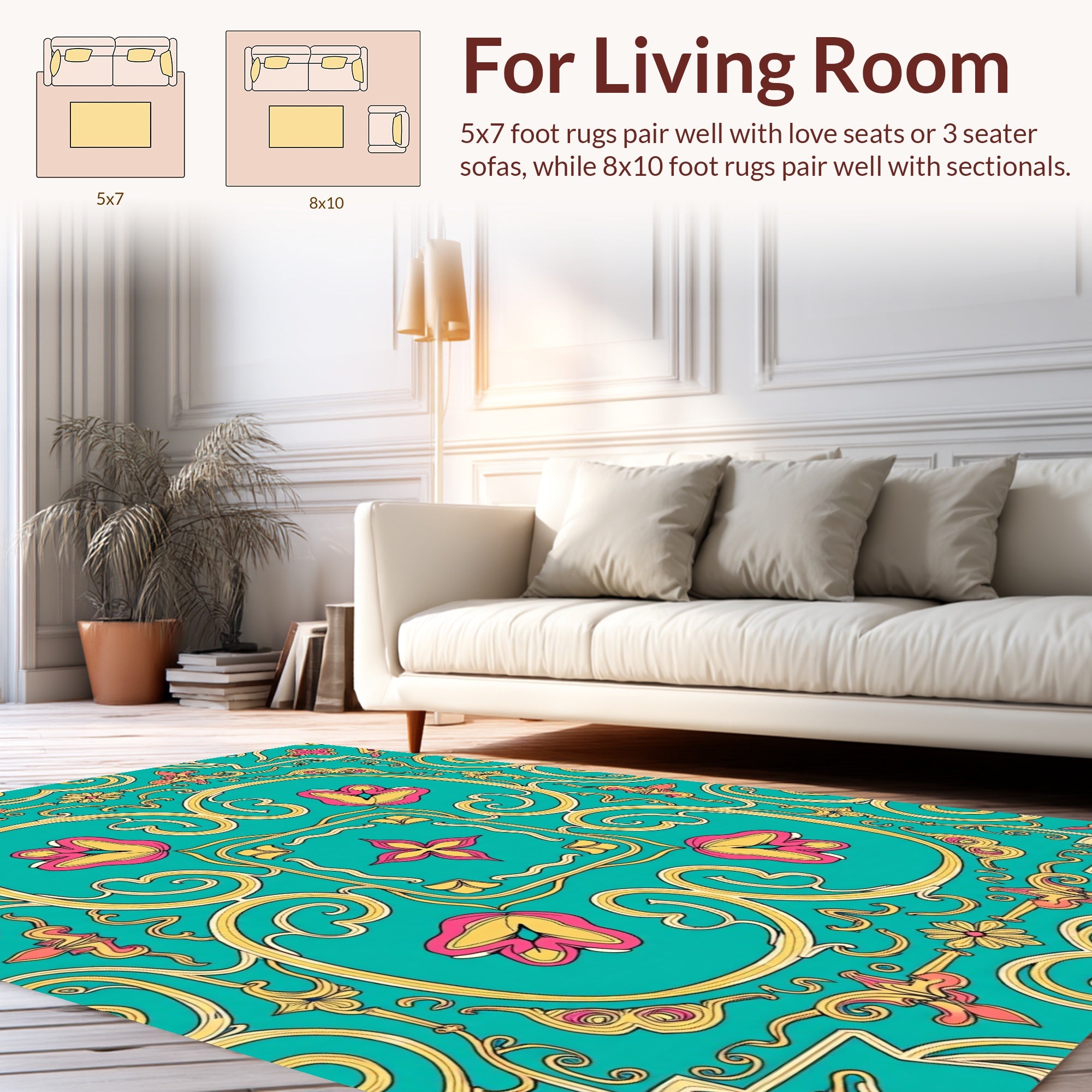 Ornate Teal Floral Scroll Pattern Rug