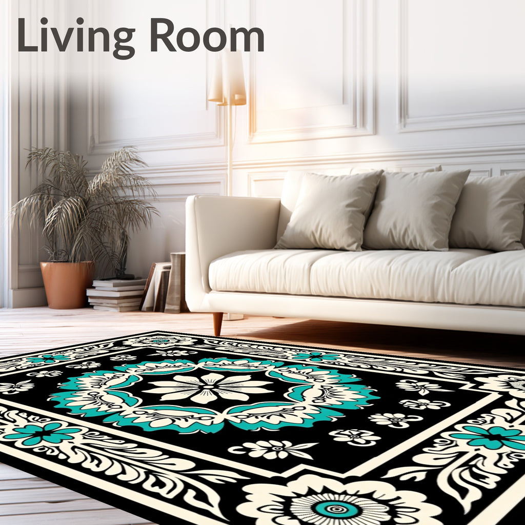 Bold Floral Border With Teal Accents Rug