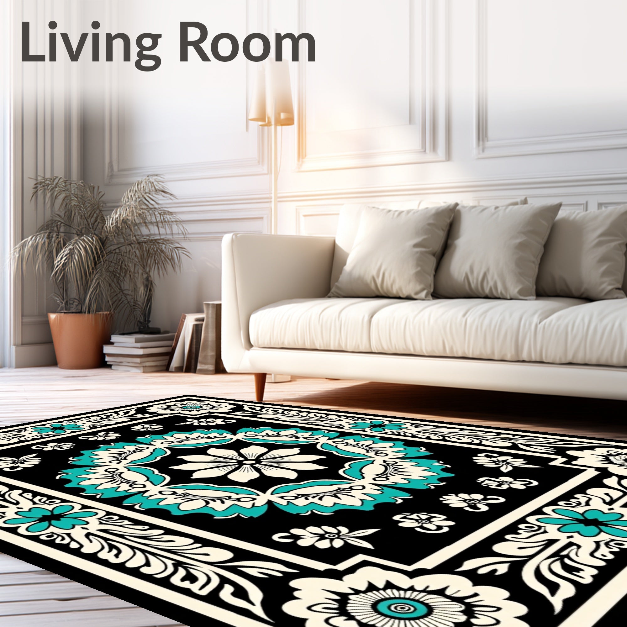 Bold Floral Border With Teal Accents Rug