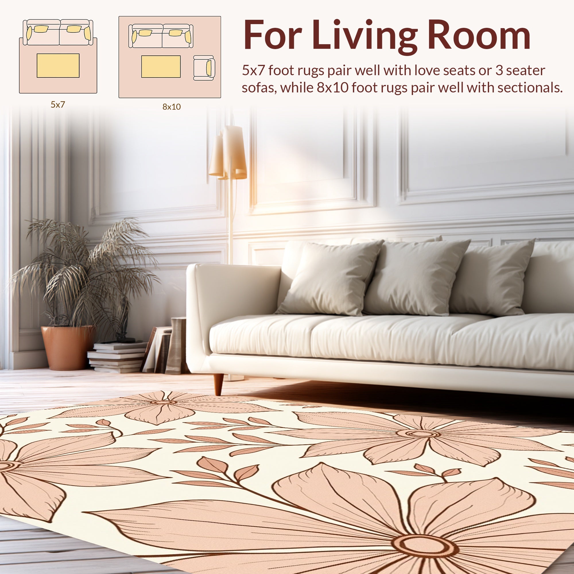 Soft Peach Floral Leaf Pattern Rug