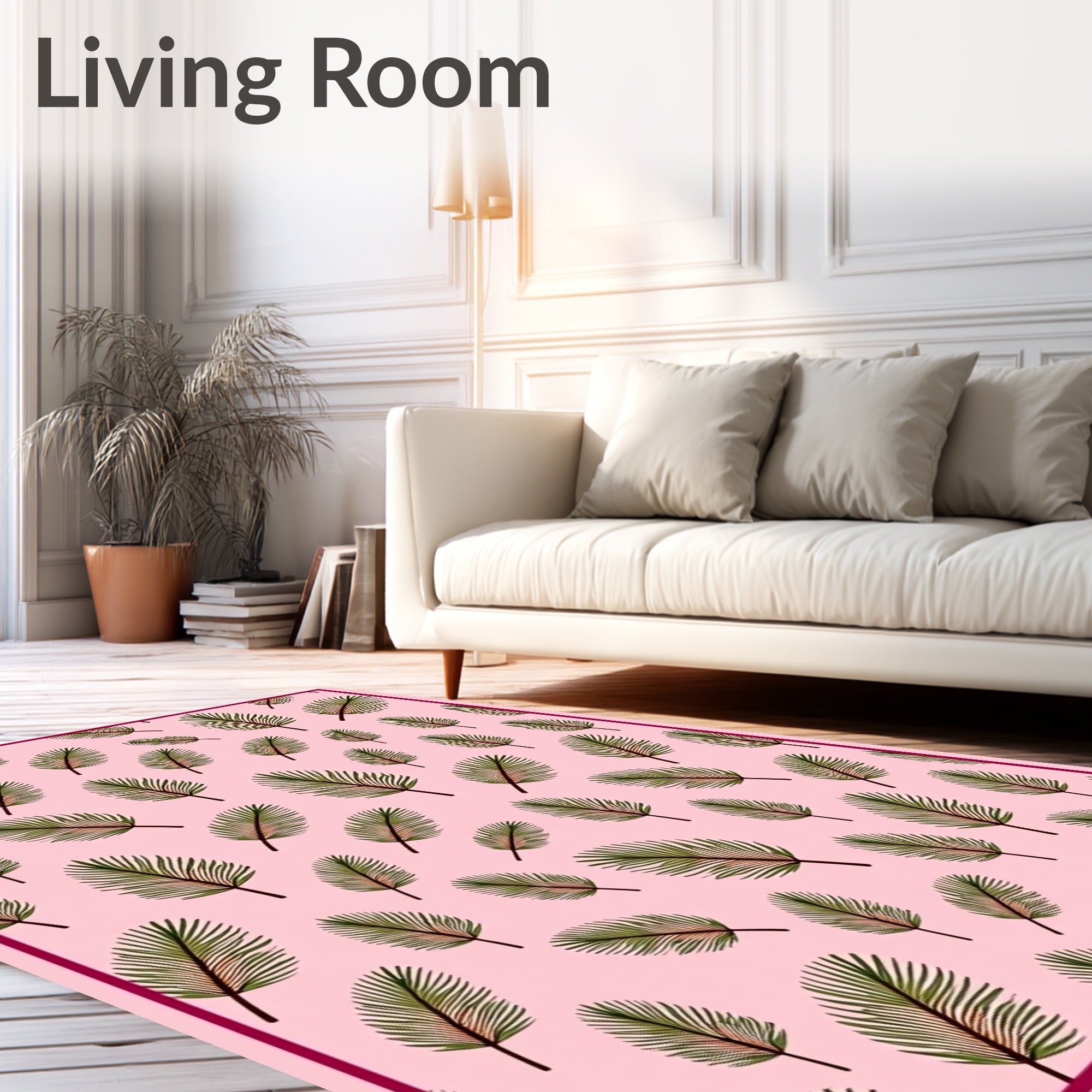 Pink Green Feathery Tropical Leaves Rug