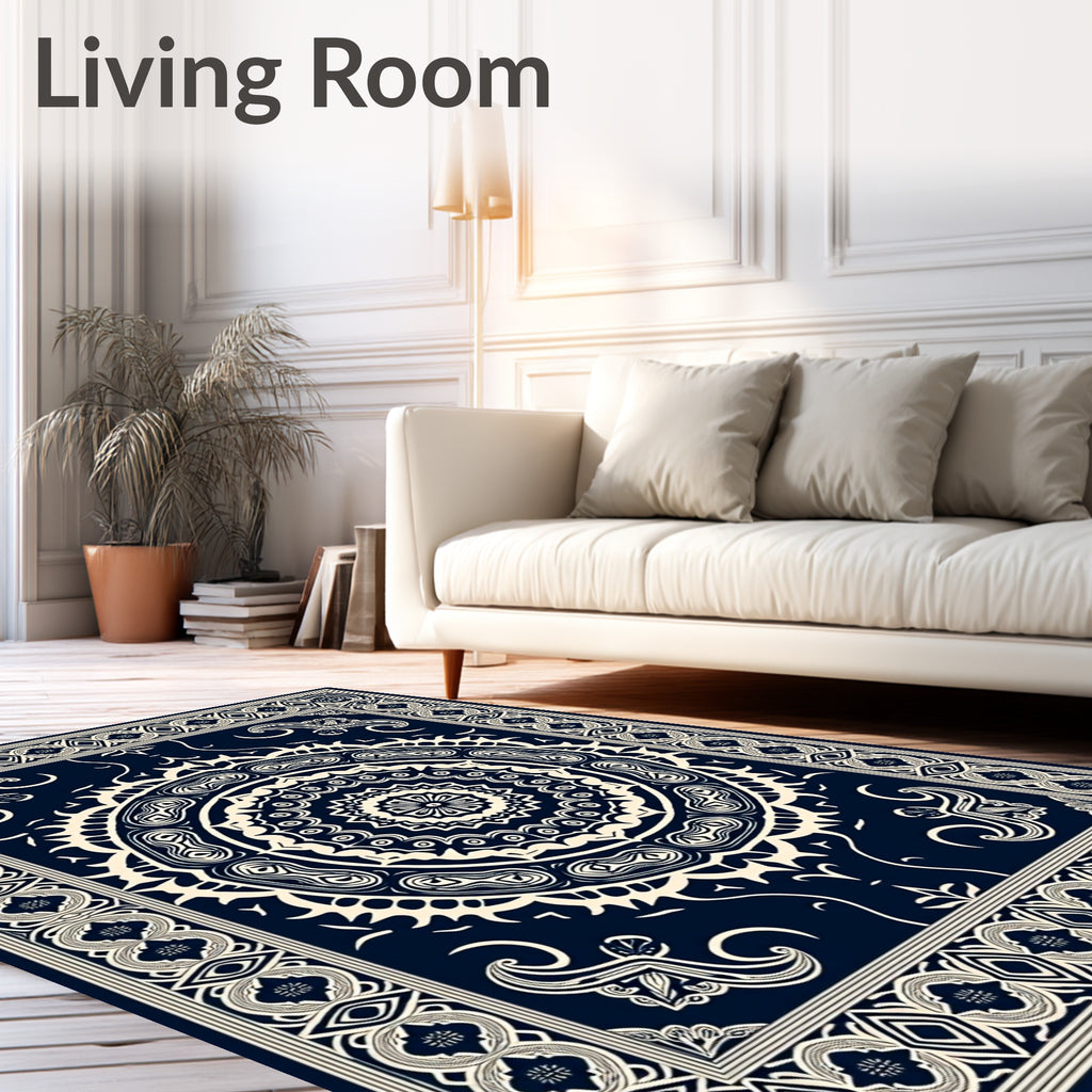 Navy Cream Intricate Mandala Border Rug