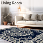 Navy Cream Intricate Mandala Border Rug