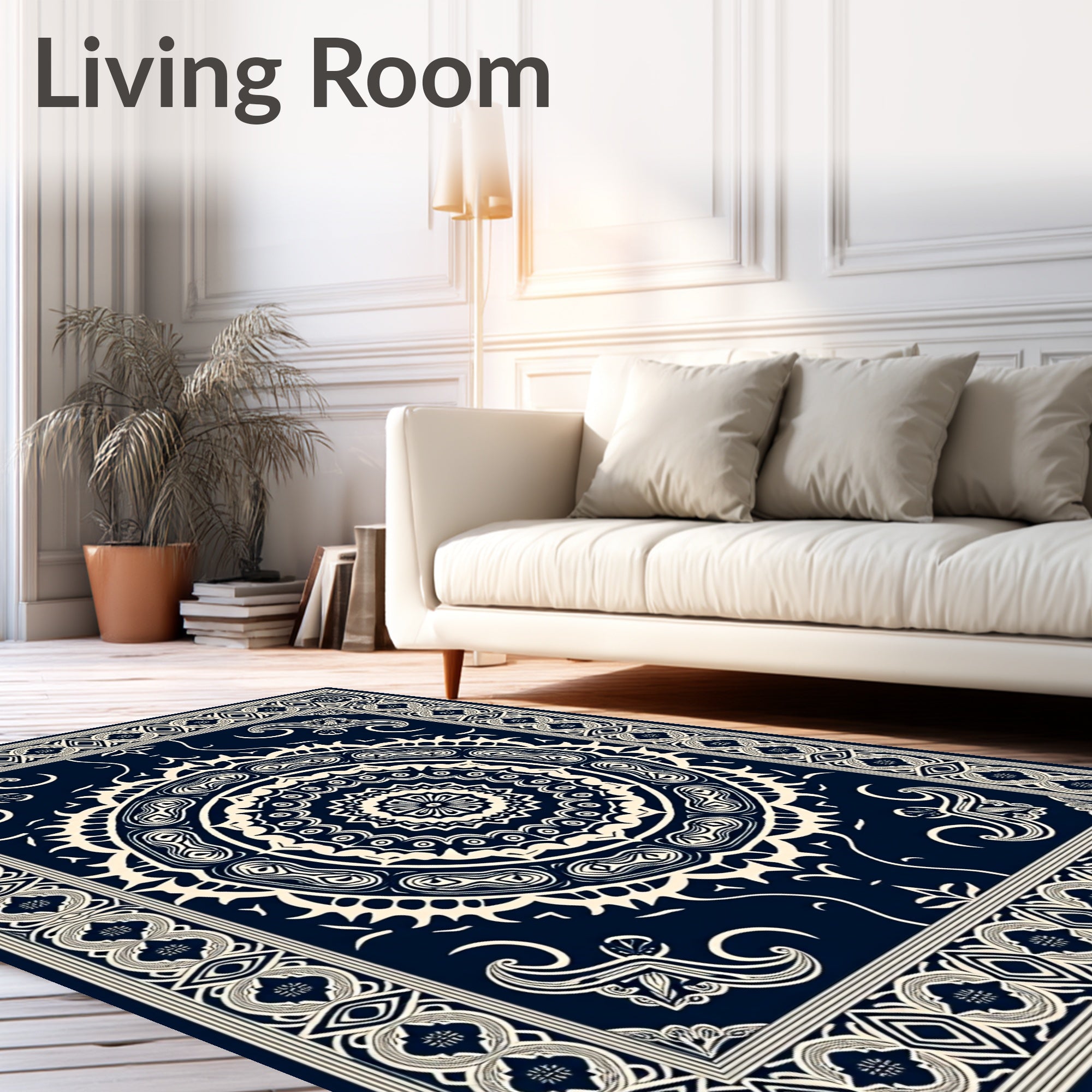 Navy Cream Intricate Mandala Border Rug