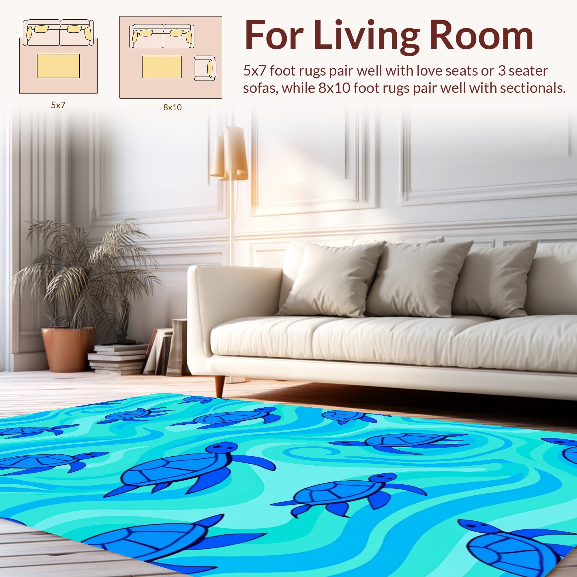 Blue Turtle Patterned Wavy Design Rug