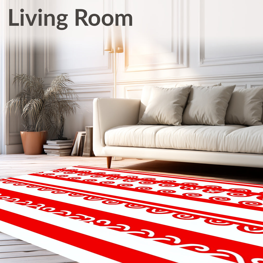 Red White Vertical Scroll Stripe Rug