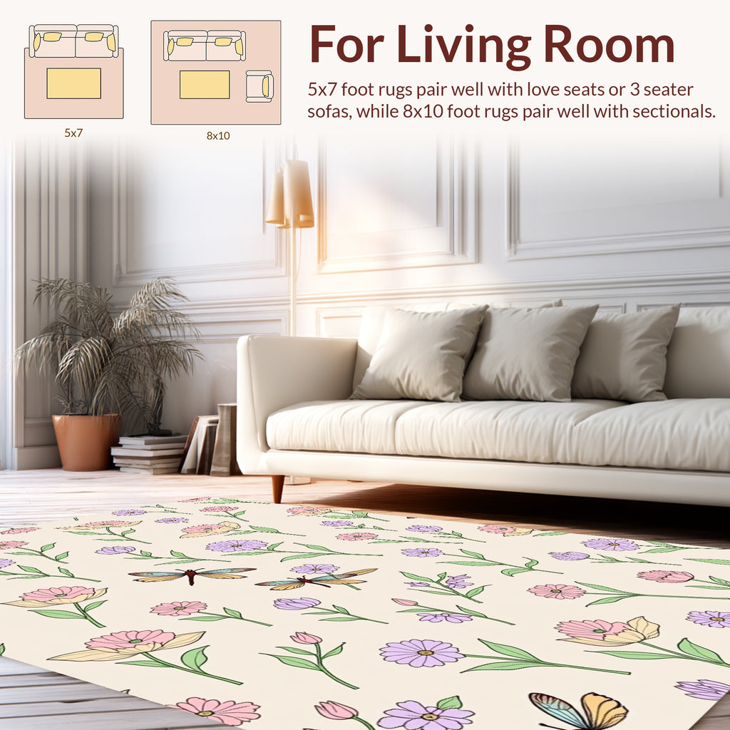 Pastel Floral Dragonfly Garden Pattern Rug