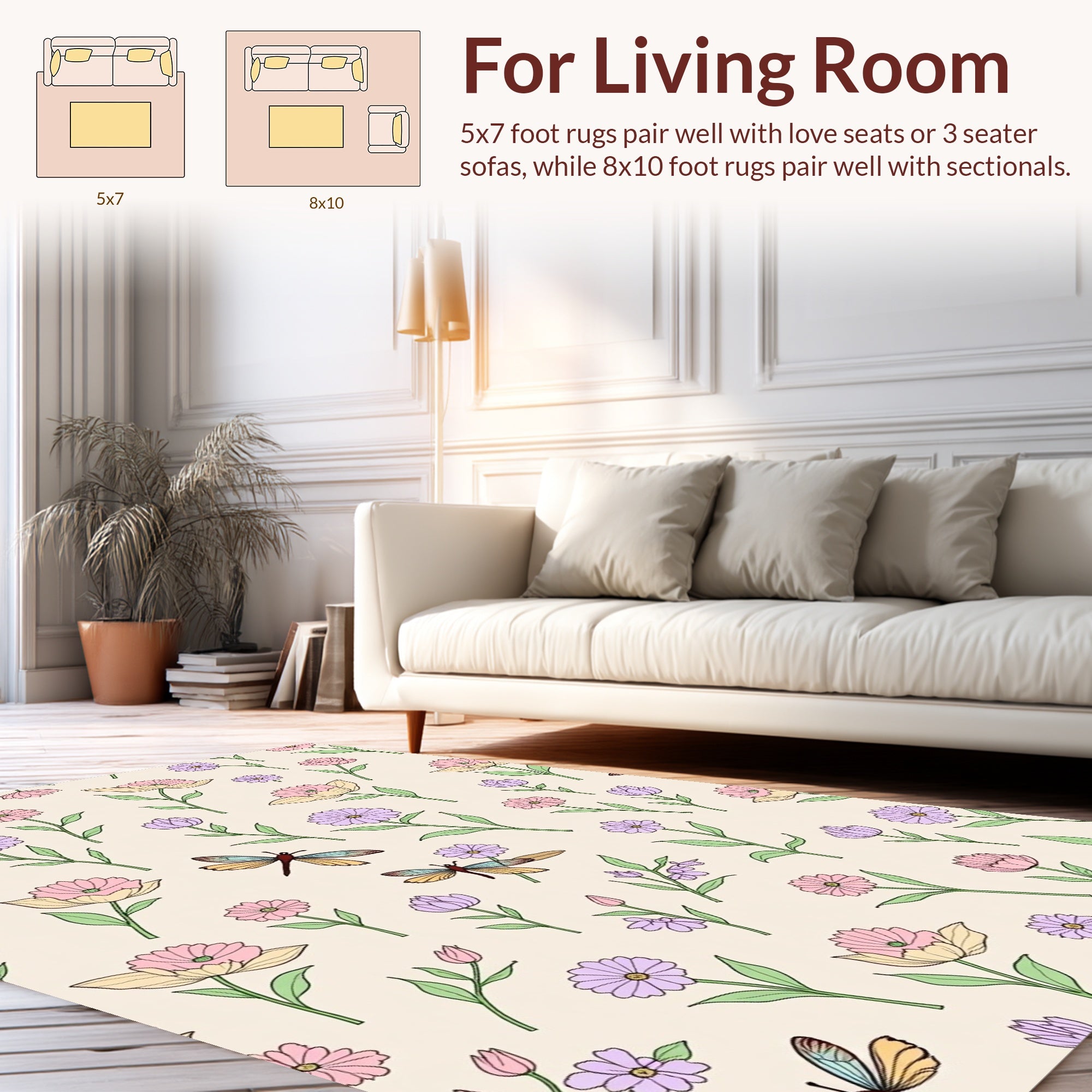 Pastel Floral Dragonfly Garden Pattern Rug