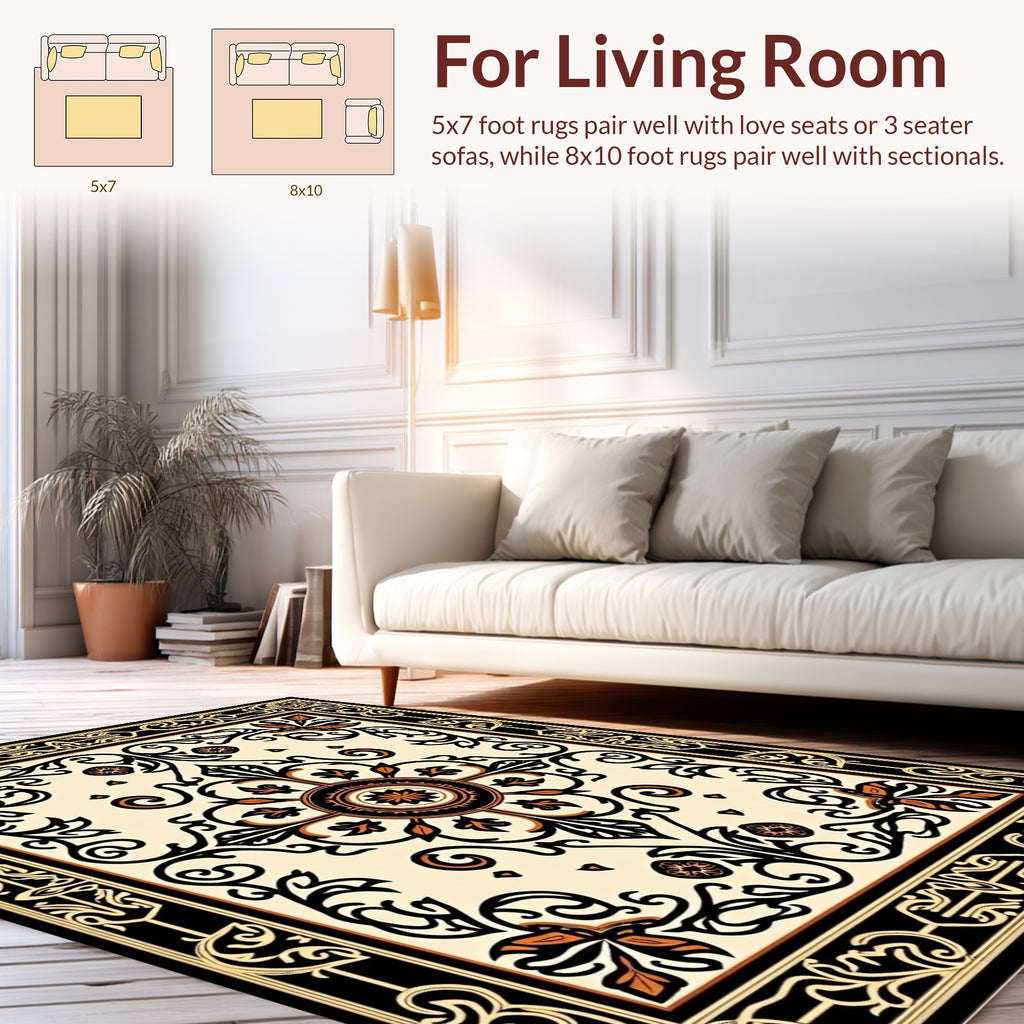 Ornate Black Gold Floral Medallion Rug
