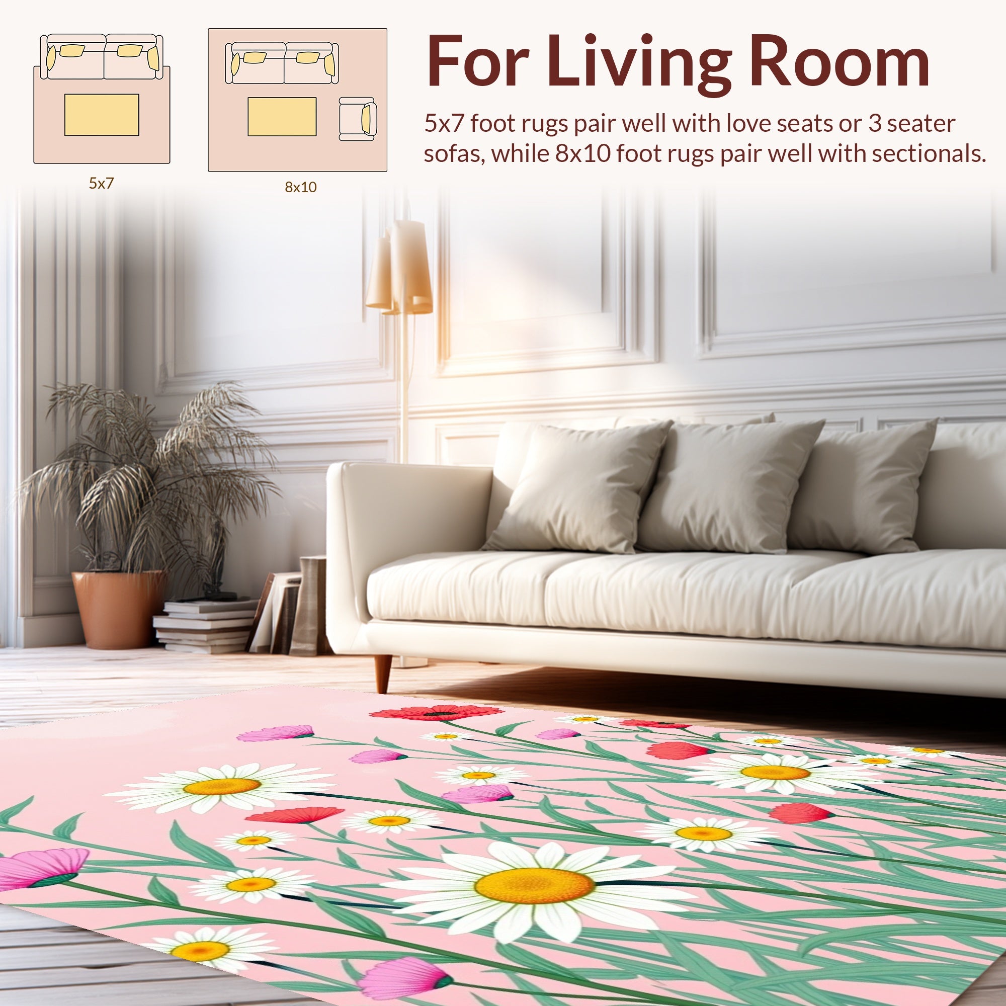Whimsical Field Daisy Floral Pattern Rug