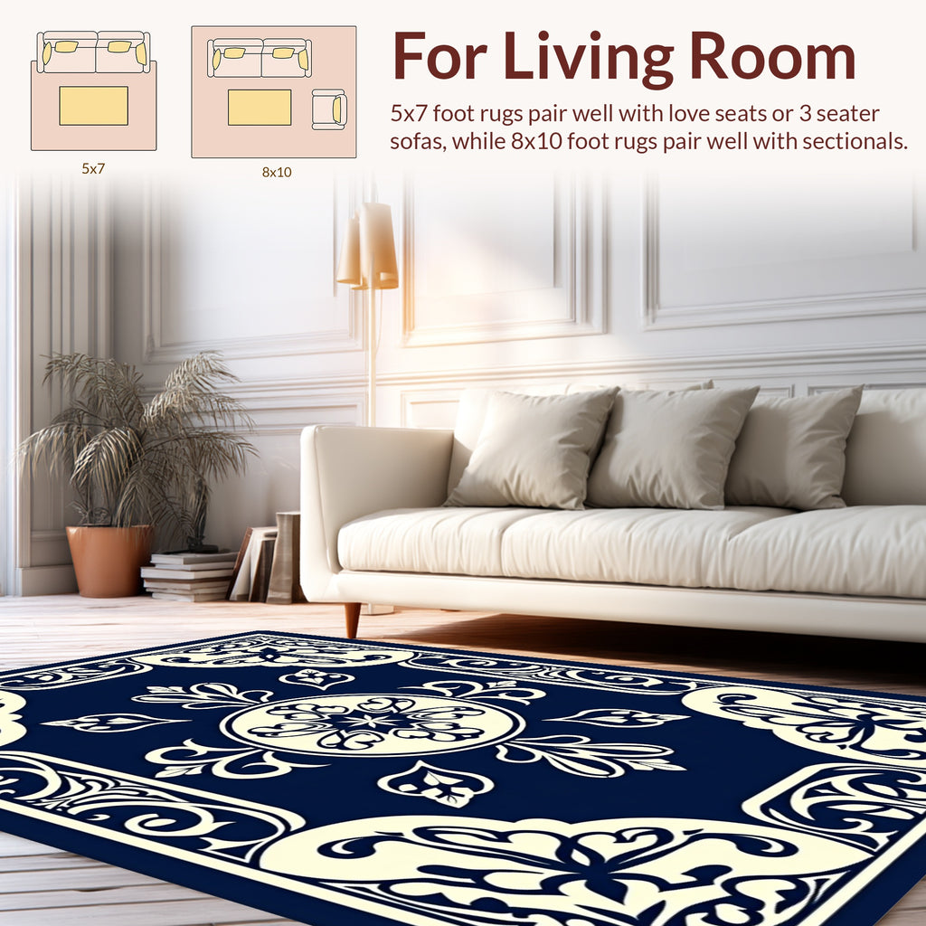 Classic Floral Medallion Navy Ivory Rug
