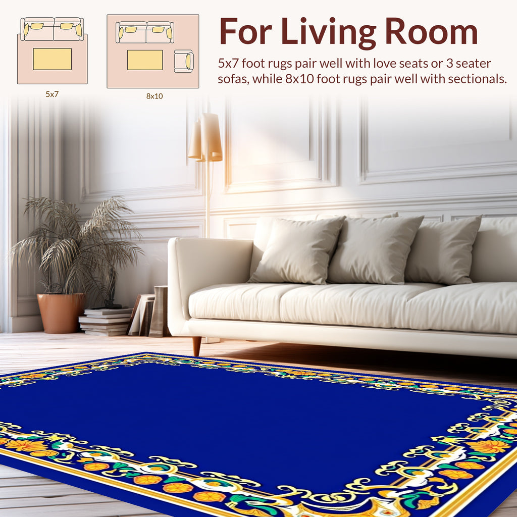 Ornate Blue Floral Border Design Rug