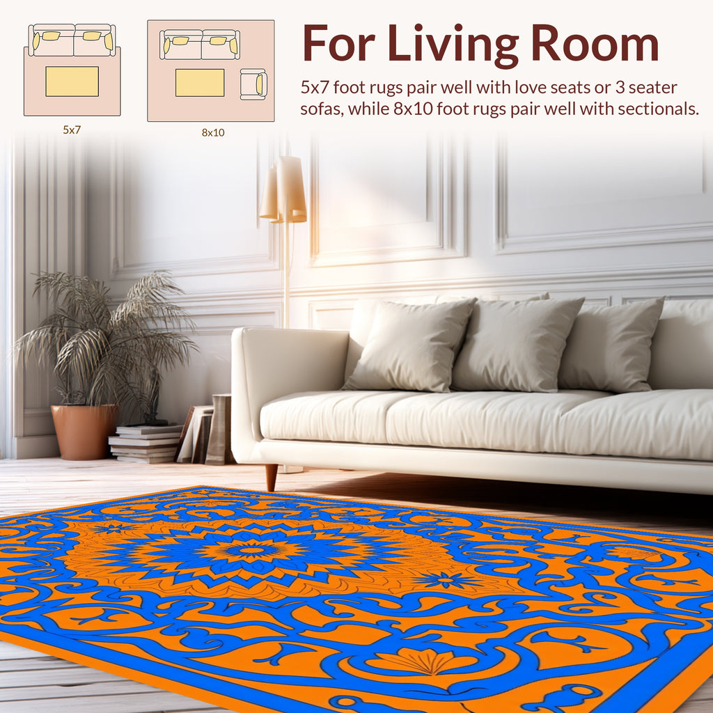 Bold Blue Floral Mandala Pattern Design Rug
