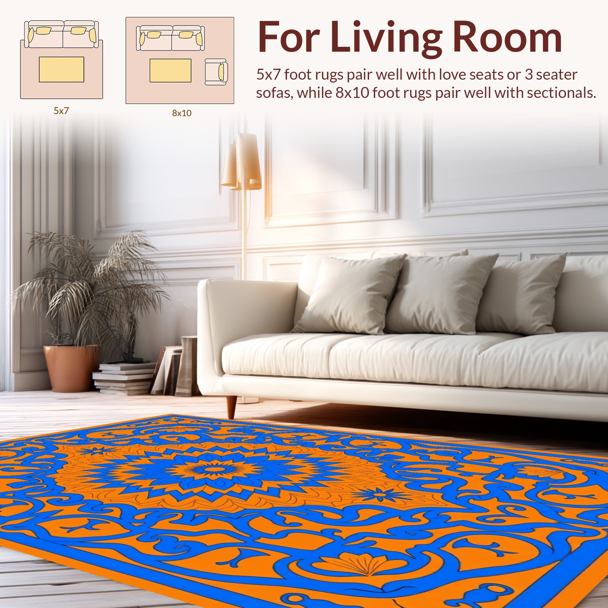 Bold Blue Floral Mandala Pattern Design Rug