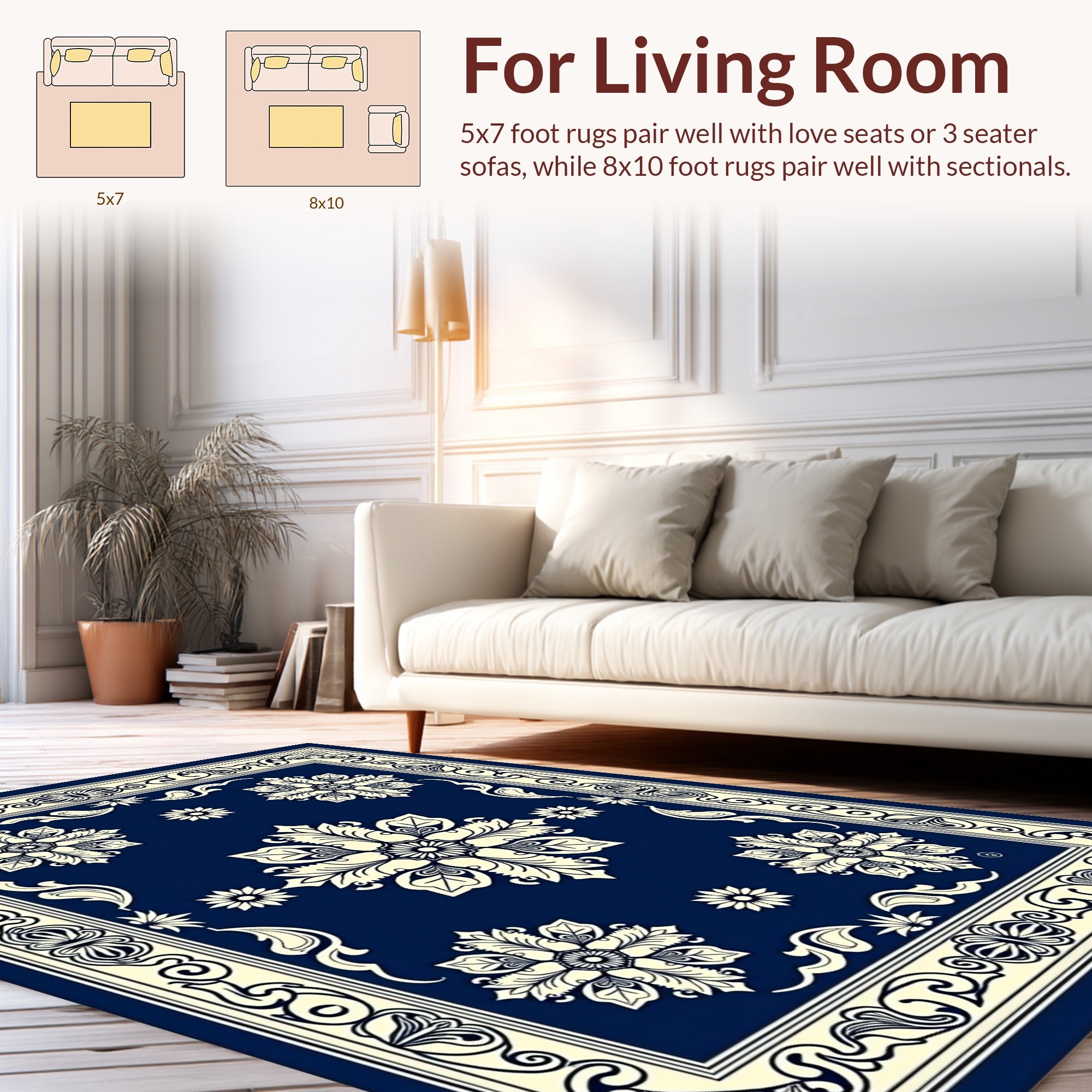 Classic Navy Floral Scroll Pattern Rug