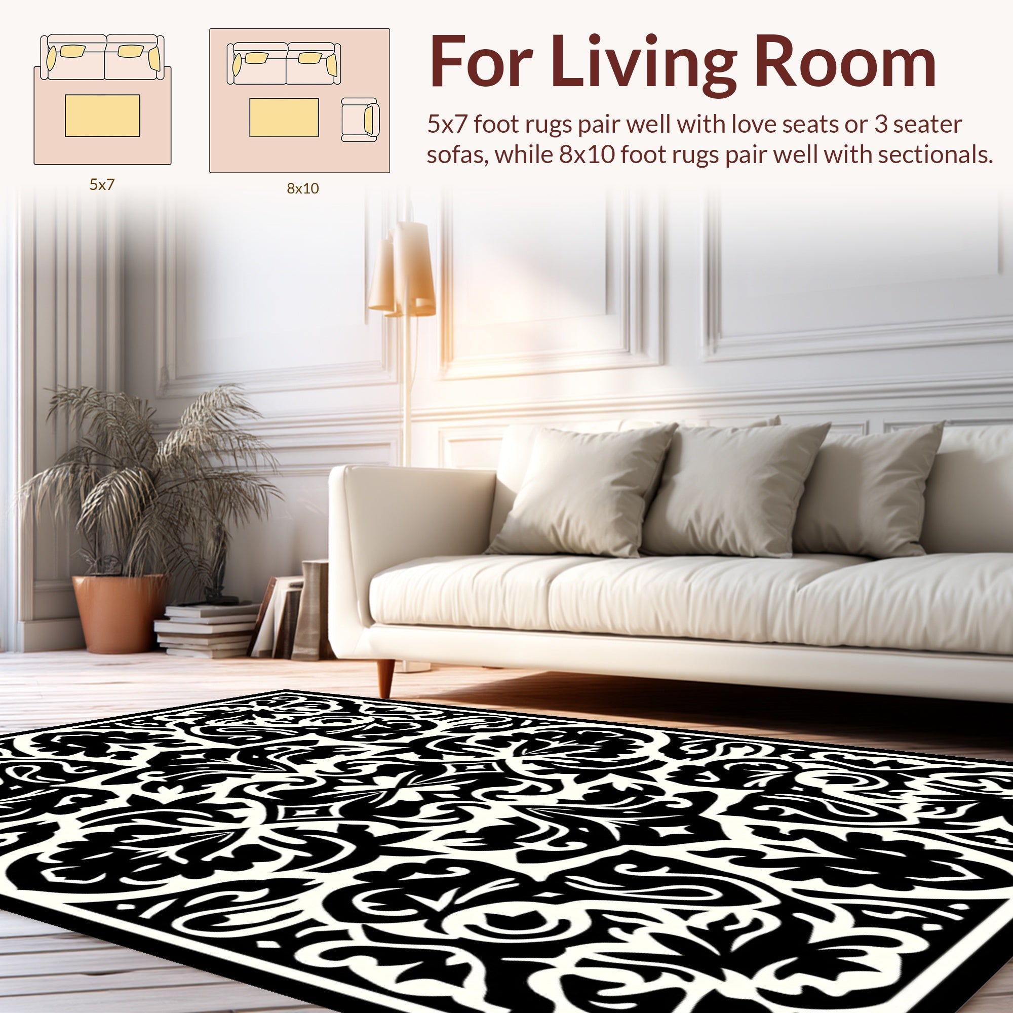 Classic Black And White Floral Pattern Rug