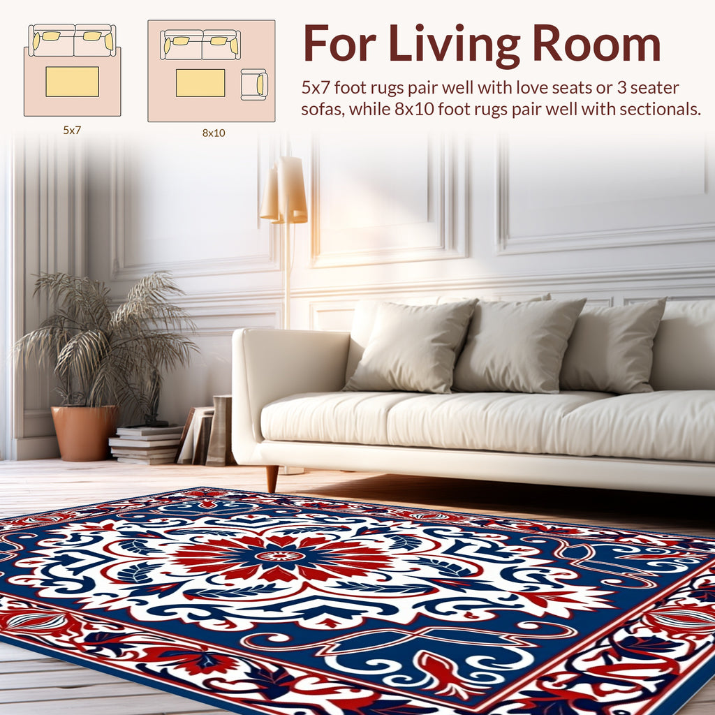 Classic Floral Medallion Red Blue Rug