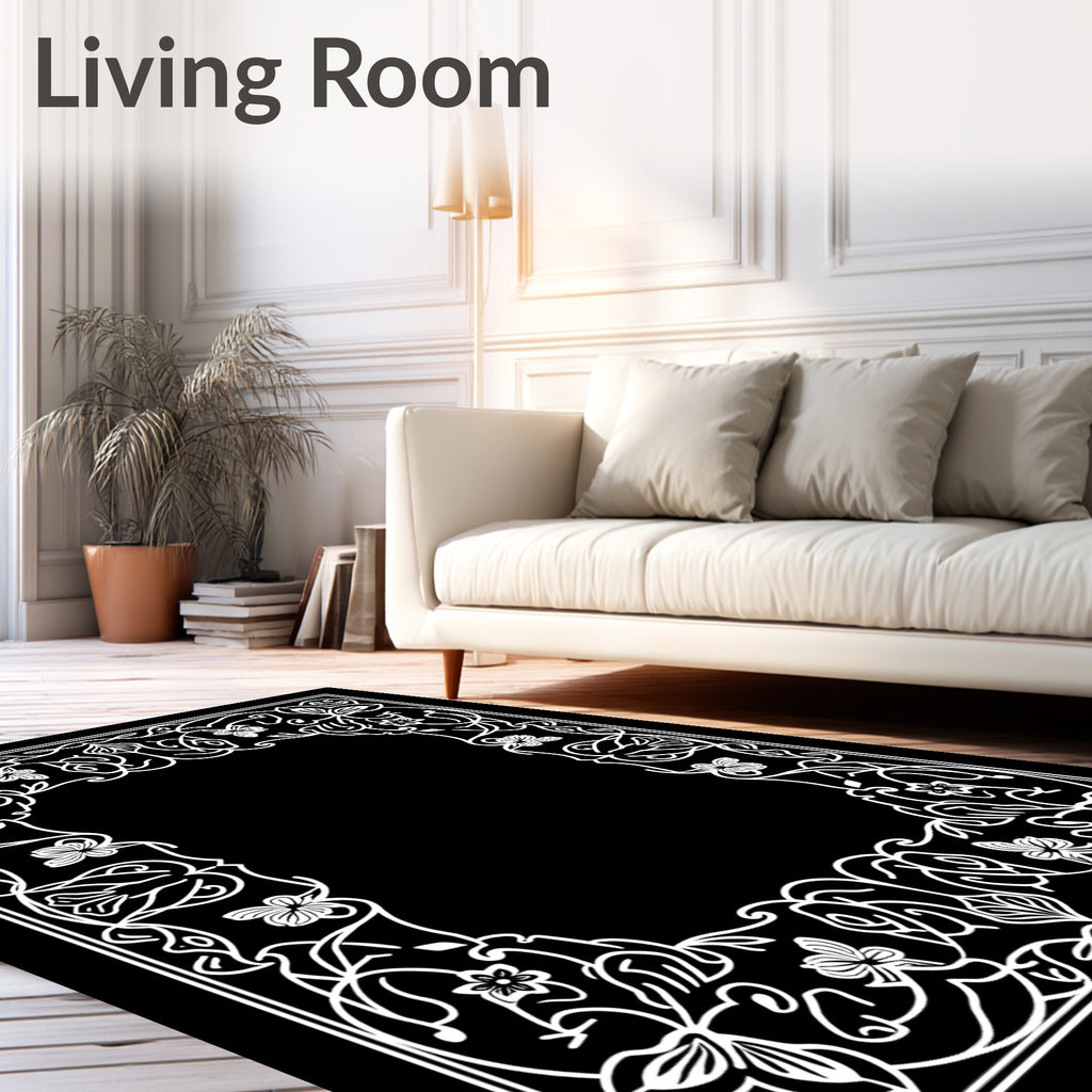 White Floral Vine Border Rug