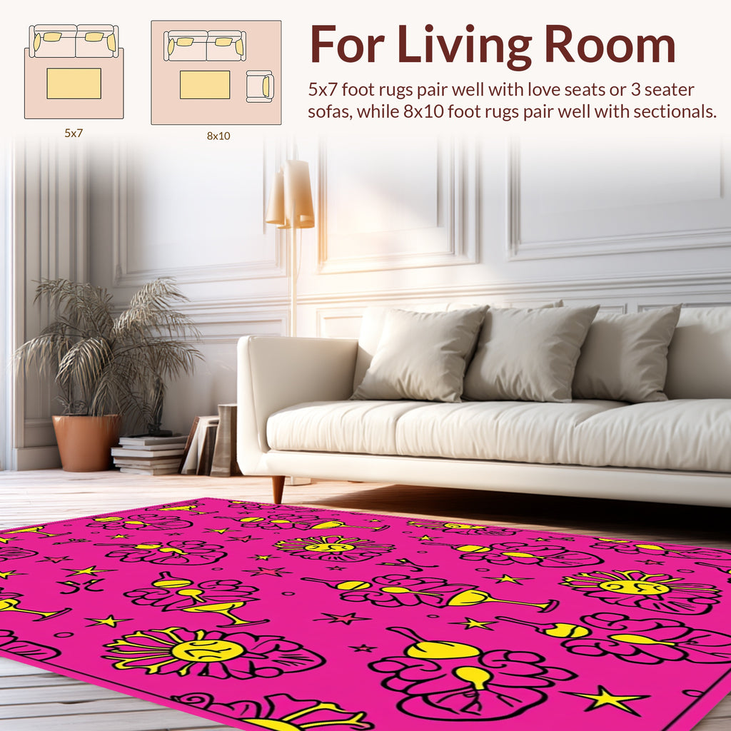 Whimsical Pink Yellow Floral Star Design Rug