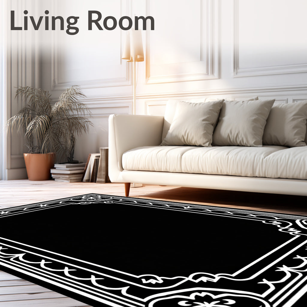 Ornate Black White Floral Frame Rug