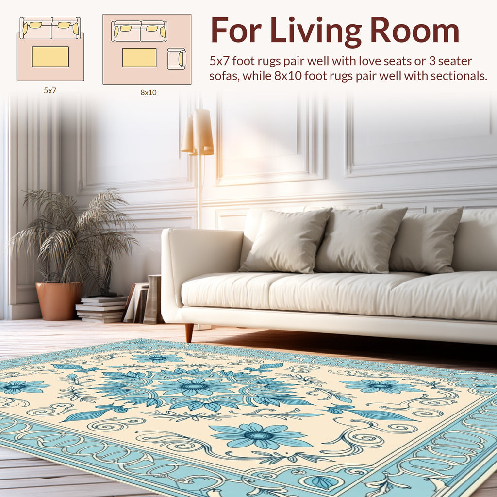 Cerulean Floral Scrollwork Ornament Rug