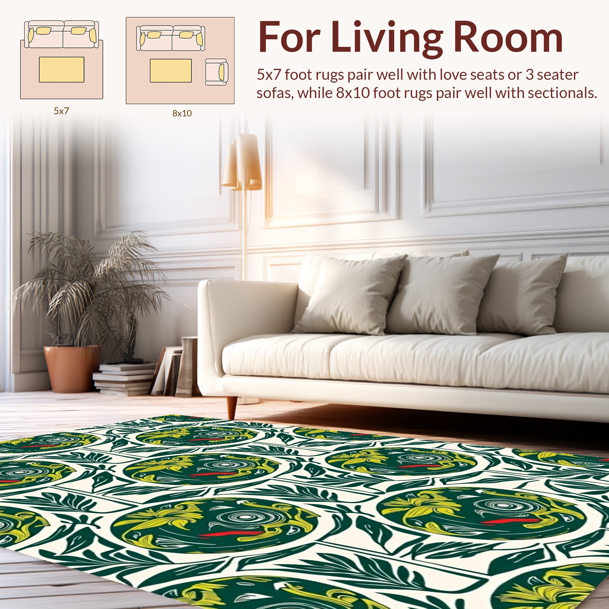 Whimsical Green Yellow Bird Floral Circles Rug