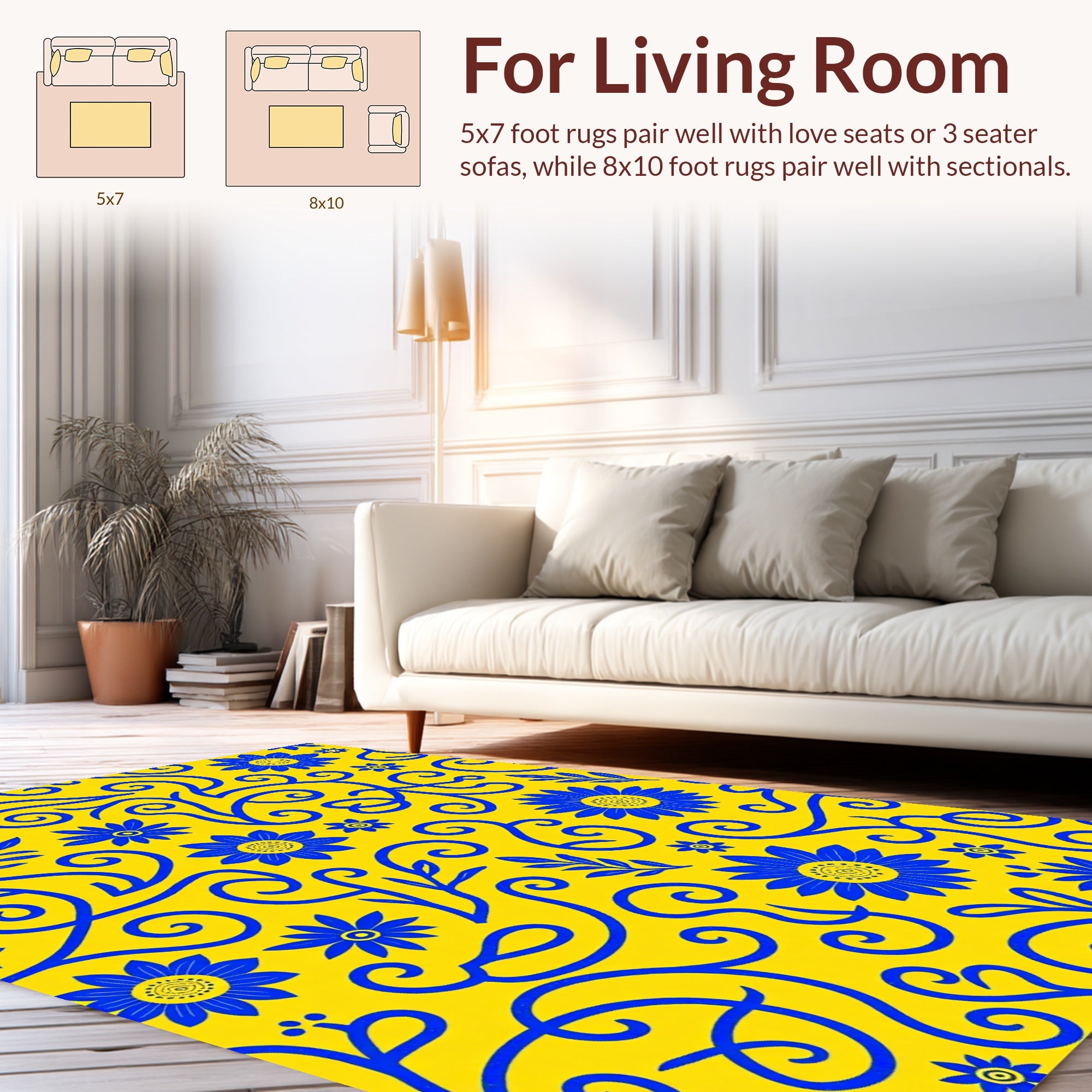 Blue Floral Swirls Yellow Pattern Rug
