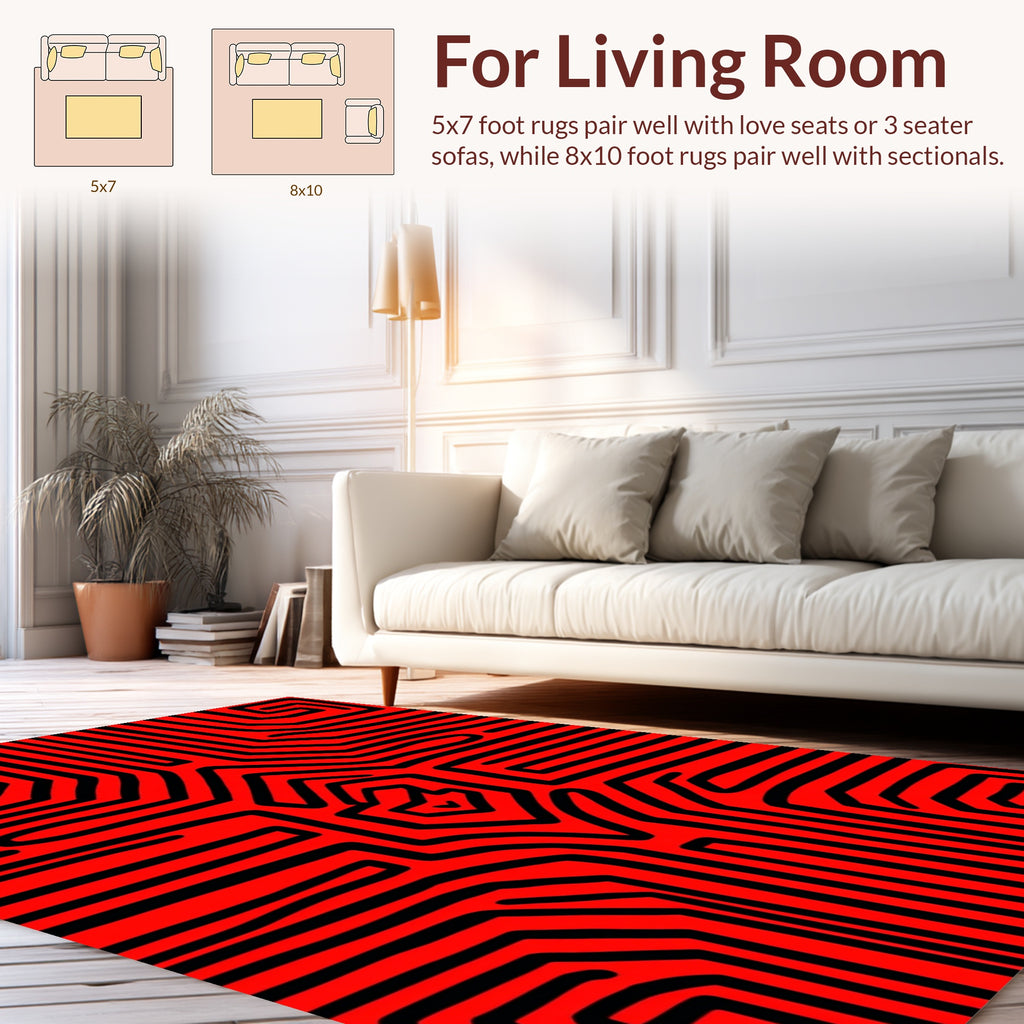 Bold Red Black Geometric Maze Rug