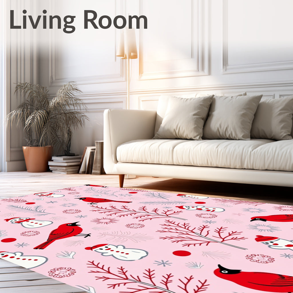 Happy Red Cardinal Snowman Scene Rug