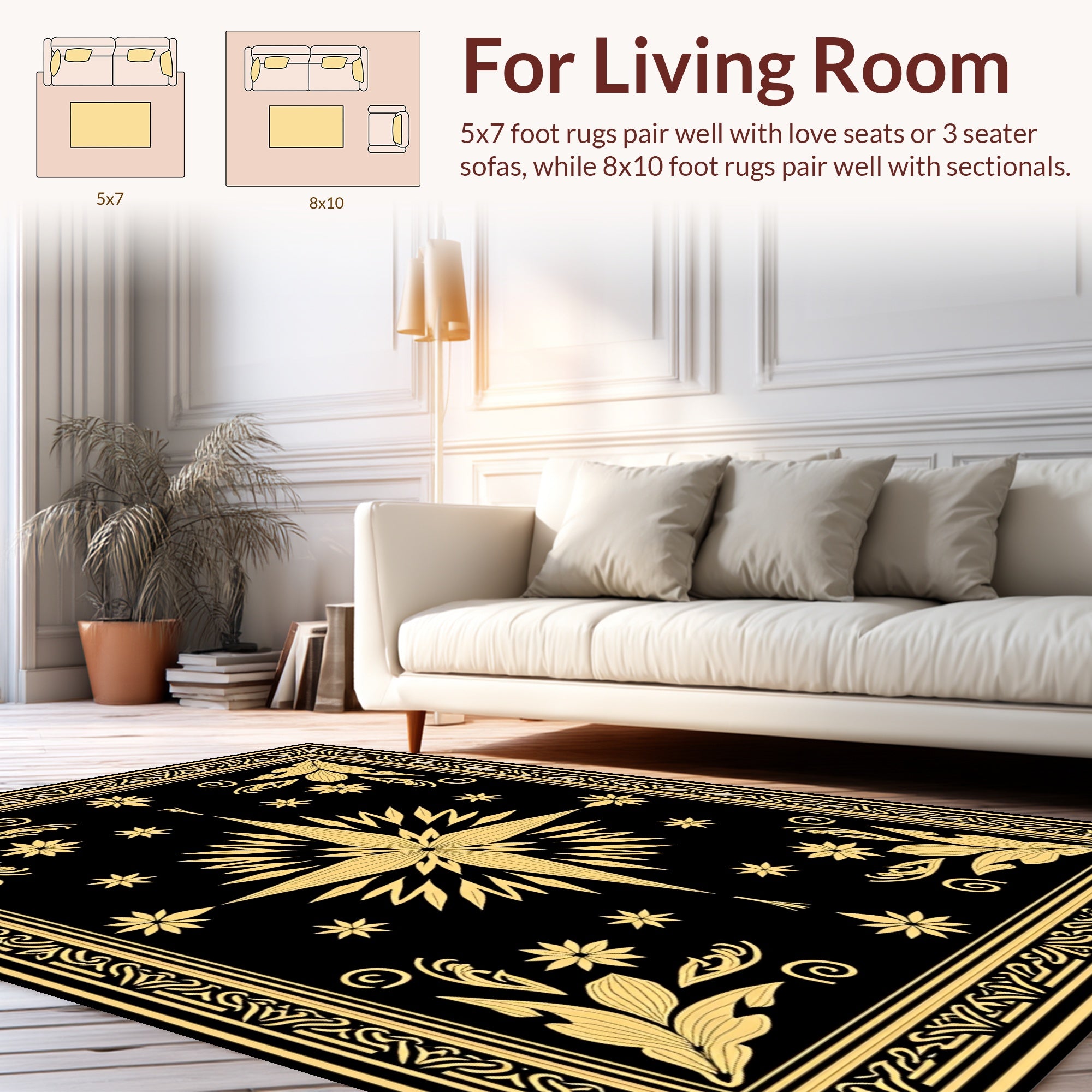 Elegant Gold Floral Starburst Design Rug