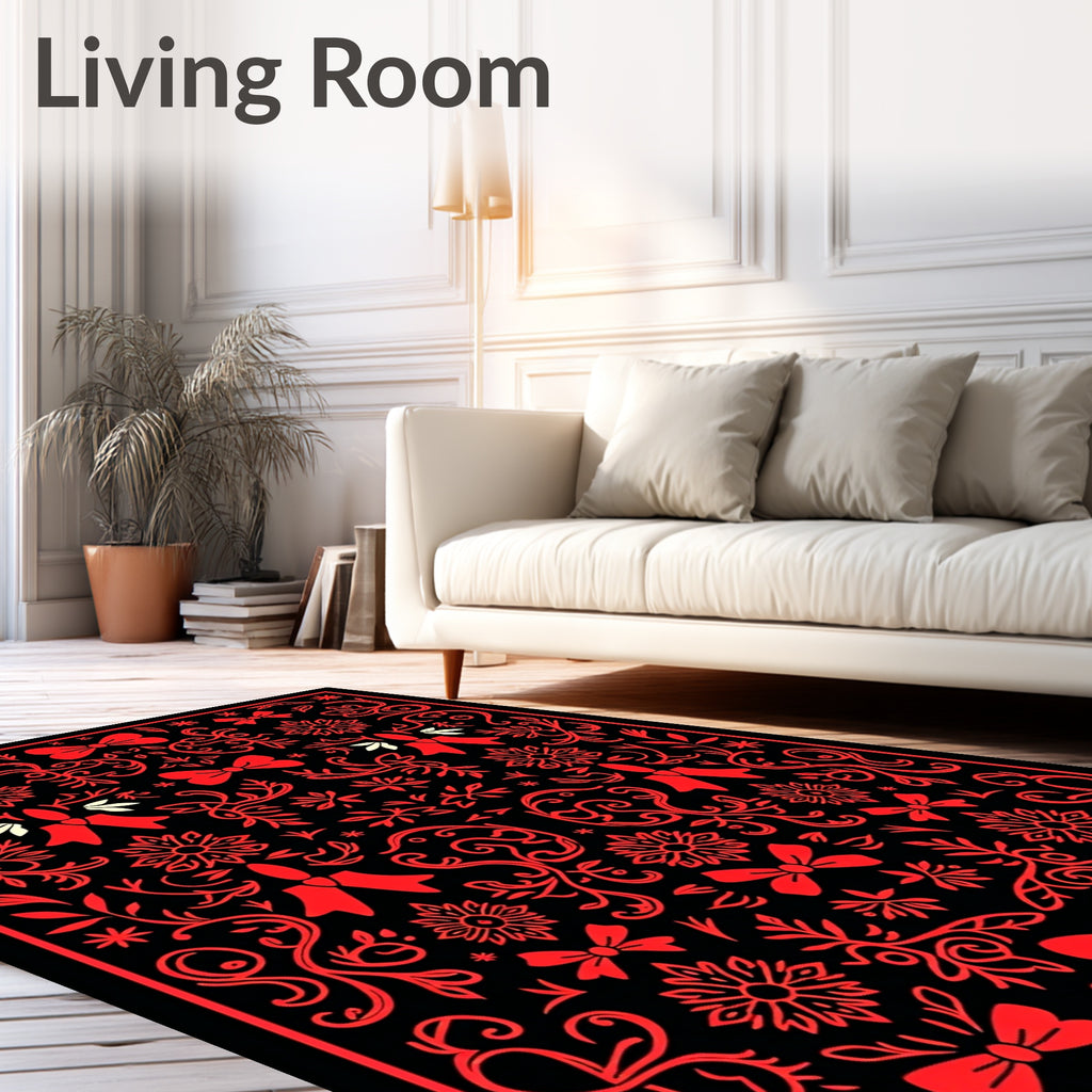 Red Black Floral Bow Scroll Rug