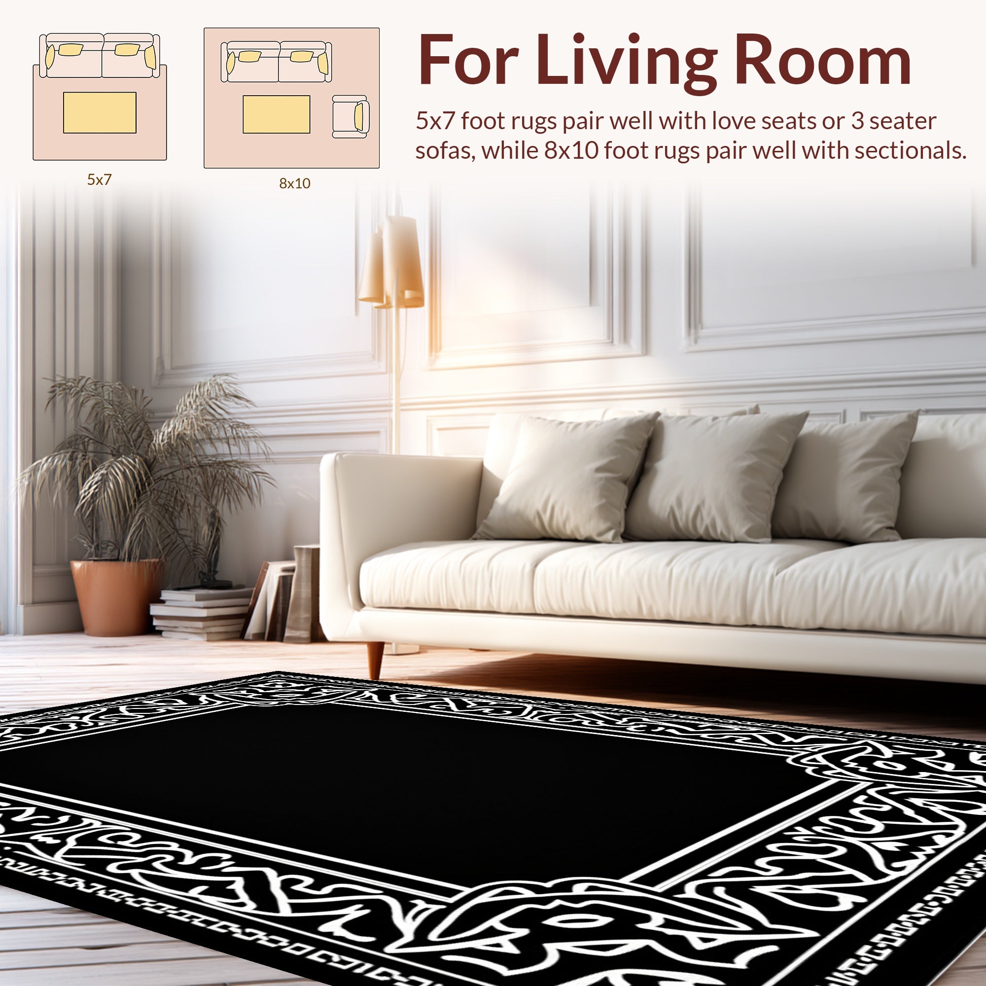 Black White Ornamental Classic Frame Rug