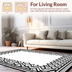 Intricate Black White Geometric Scroll Border Rug