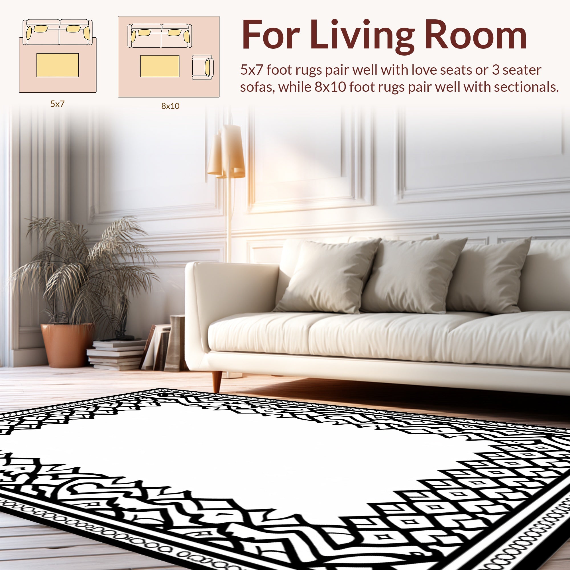 Intricate Black White Geometric Scroll Border Rug
