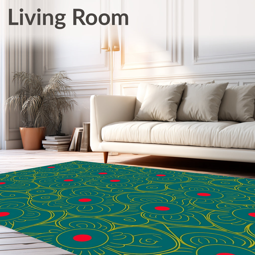 Teal Yellow Crimson Floral Swirl Rug