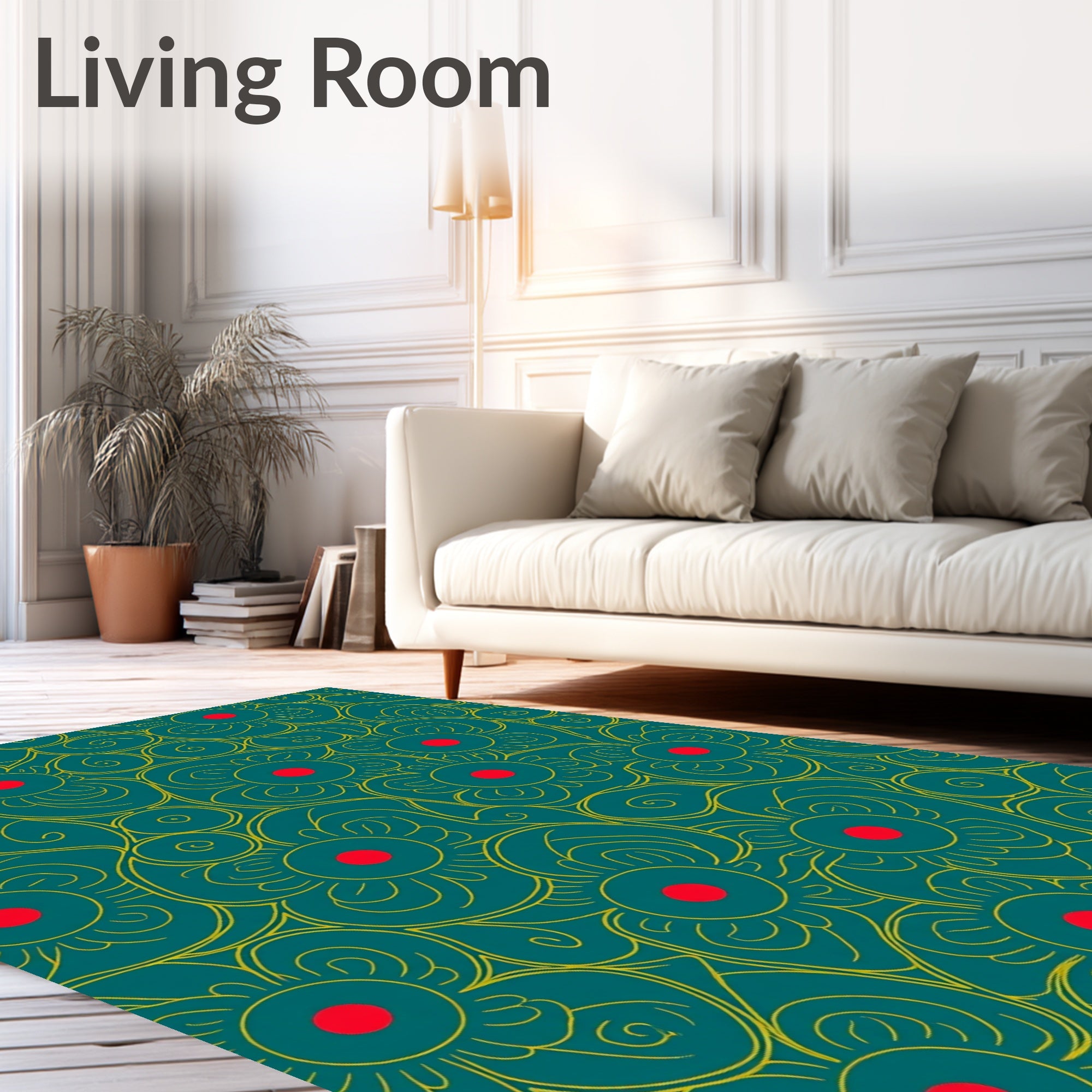Teal Yellow Crimson Floral Swirl Rug