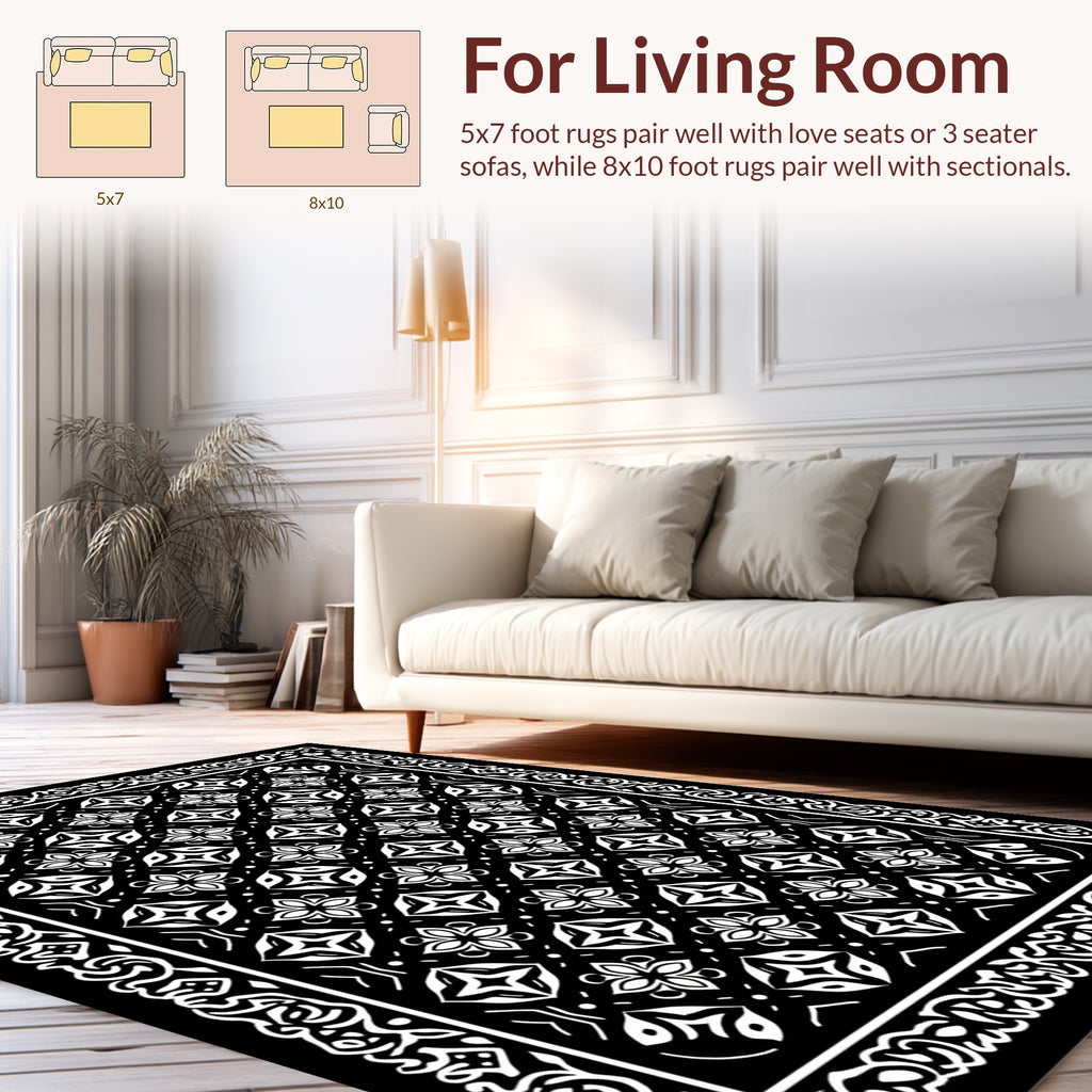 Classic Black and White Floral Pattern Rug