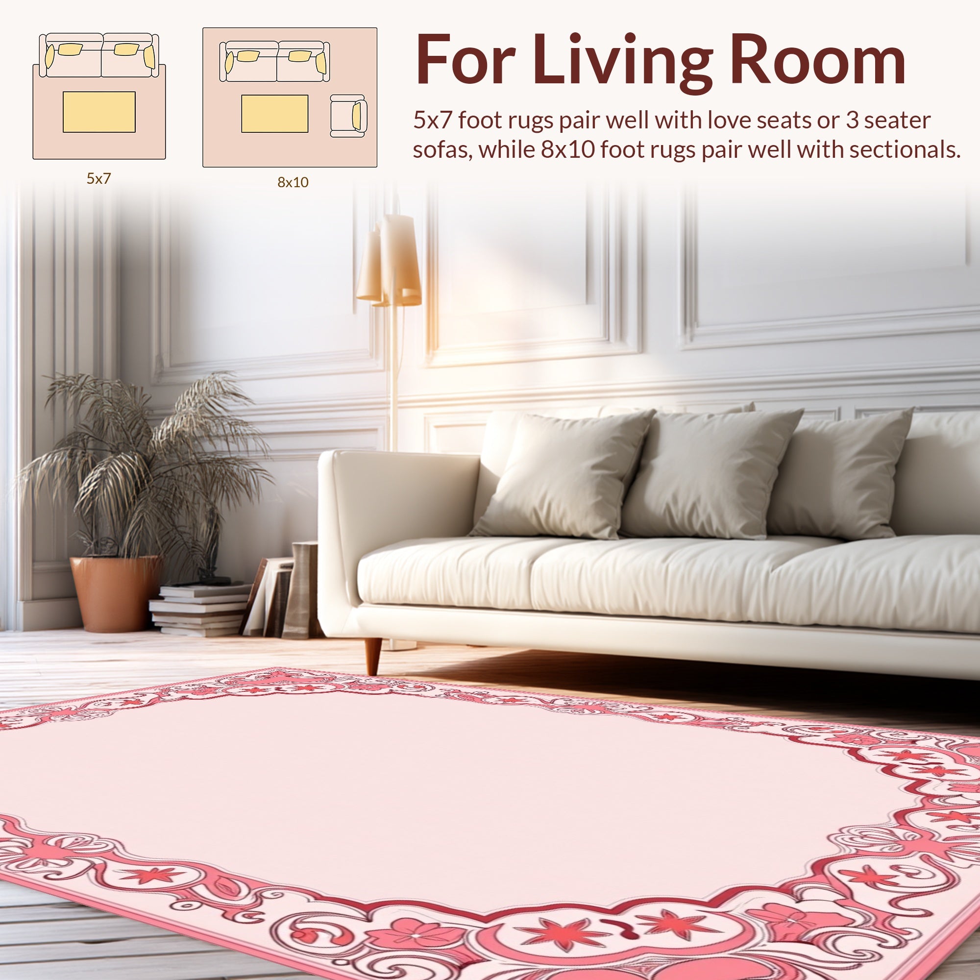 Elegant Pink Floral Scroll Border Design Rug