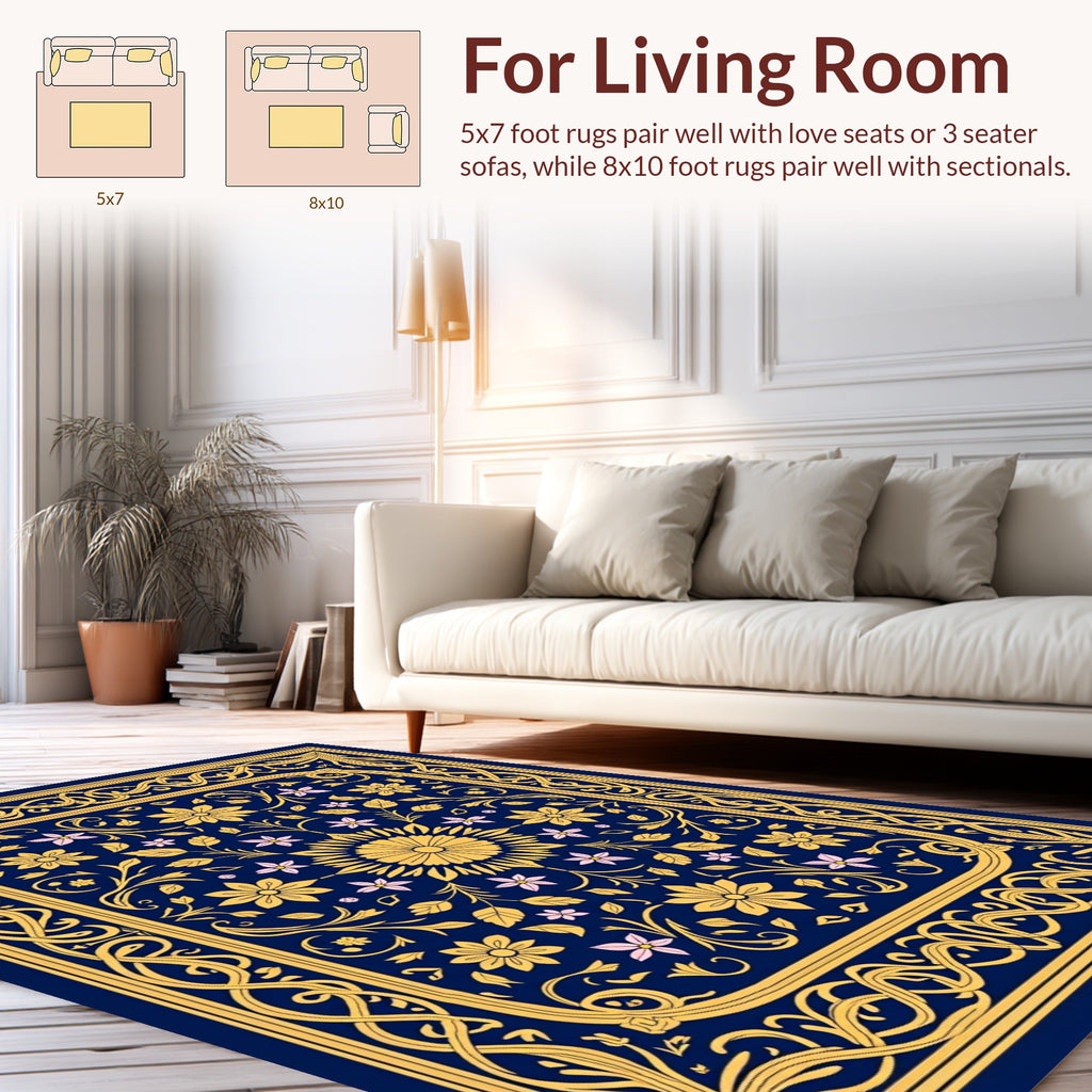 Elegant Gold Floral Bordered Navy Rug