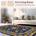 Elegant Gold Floral Bordered Navy Rug