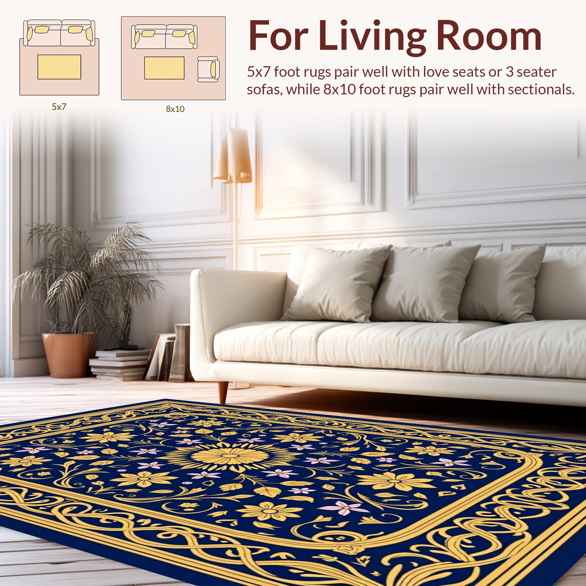 Elegant Gold Floral Bordered Navy Rug