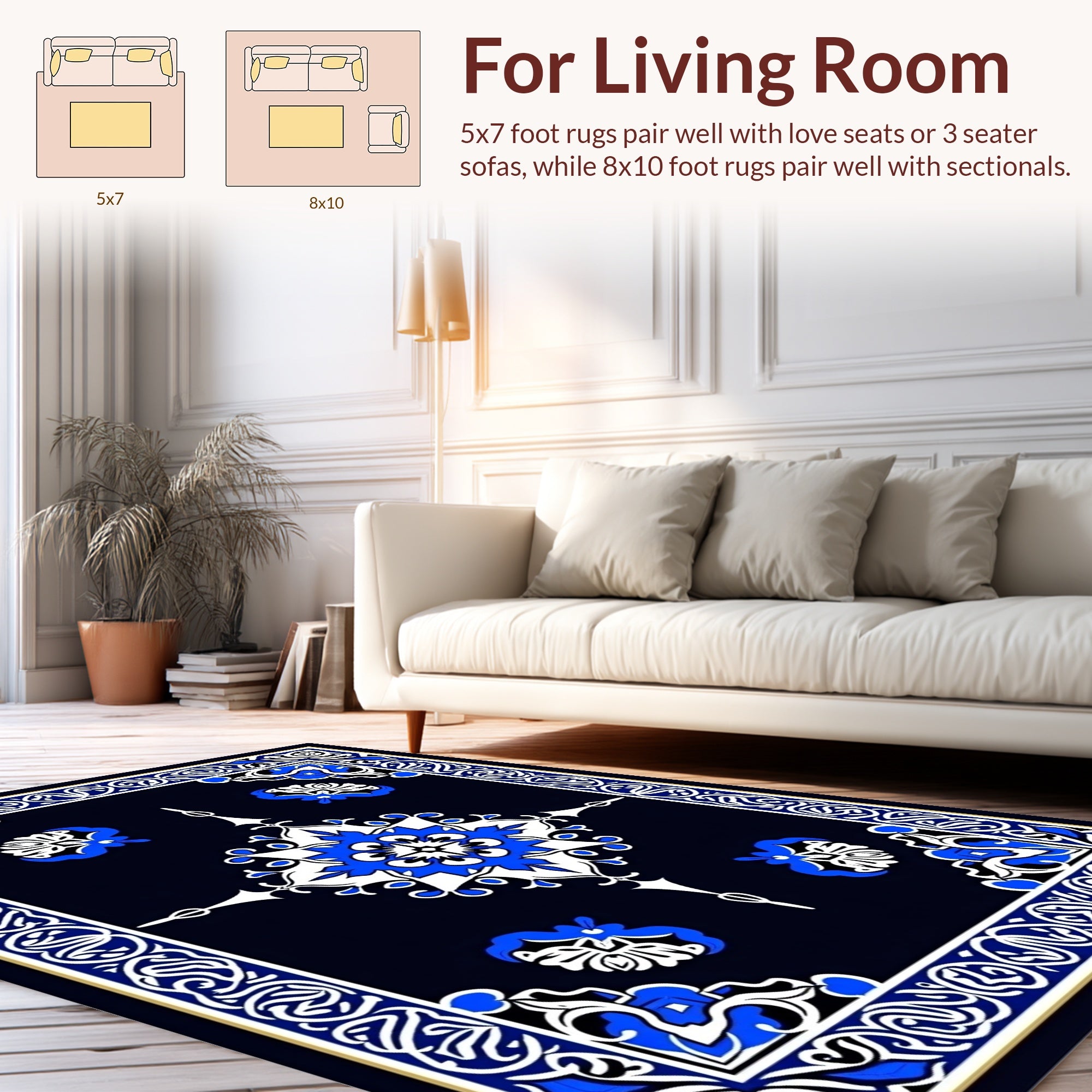 Bold Blue White Geometric Floral Pattern Rug