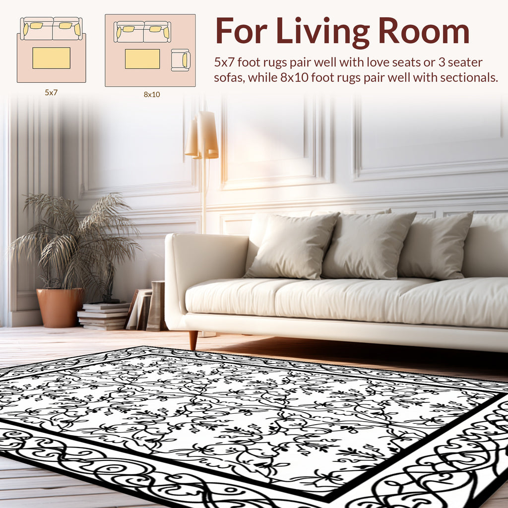 Ornate Black White Scroll Pattern Rug