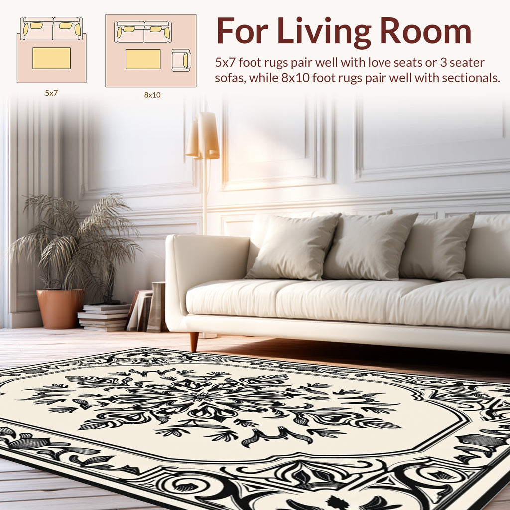 Intricate Black Floral Scroll Medallion Rug